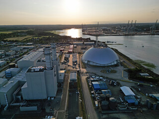 Aerial view of sunset and gas-fired Power Station in Marchwood, Hampshire, UK. Southampton...