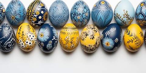 Easter eggs ukrainian pysanka. Hand painted eggs in blue and yellow colors. Top view banner, background with copy space