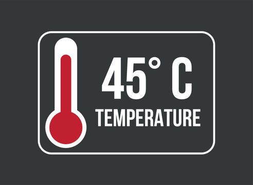 45&deg; C. Vector temperature thermometer in degrees celsius isolated on dark background