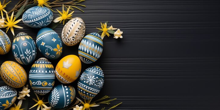 Easter eggs ukrainian pysanka. Hand painted eggs in blue and yellow colors. Top view banner, background with copy space