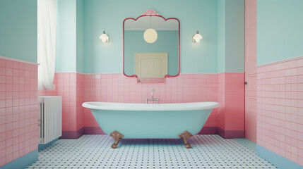 Fototapeta na wymiar Pink and blue bathroom interior 