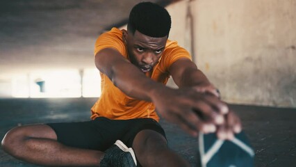 Black man, stretching legs for exercise and workout outdoor, runner or athlete, start training for health and wellness. Muscle, warm up and ready for fitness with cardio, sports and challenge