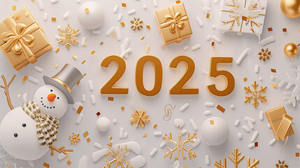 New Year background with golden number "2025", snowman, gifts and decorations
