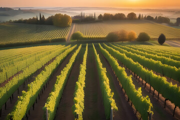Aerial View of a Vineyard at Sunset