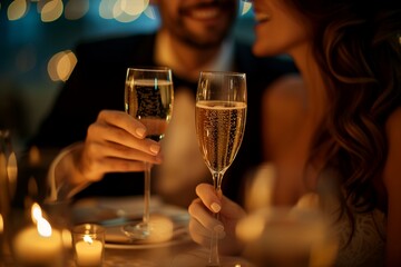 a couple in elegant attire holding champagne glasses with warm ambient lighting