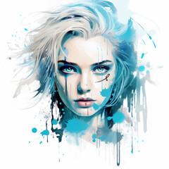 Abstract female portrait with dynamic blue splashes