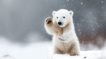Polar bear cub plays with snow
