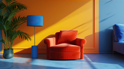 Interior of a blue room with an orange armchair
