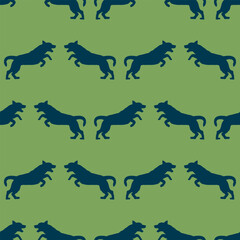Running and jumping labrador retriever isolated on a green background. Seamless pattern. Endless texture. Design for wallpaper, fabric, print. Vector illustration.
