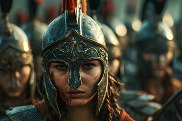 Gallant female fighters don helmets in readiness for ancient warfare. Concept Ancient Warrior Women, Historical Battle Gear, Female Warriors, Combat Helmets, Military History - obrazy, fototapety, plakaty
