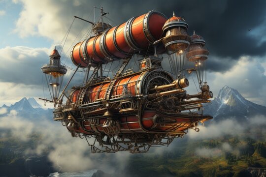 A steampunk airship travels through the sky amidst towering cumulus clouds