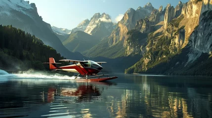 Gordijnen Alaskan Float plane aircraft at rest in lake with forest behind © Nataliya