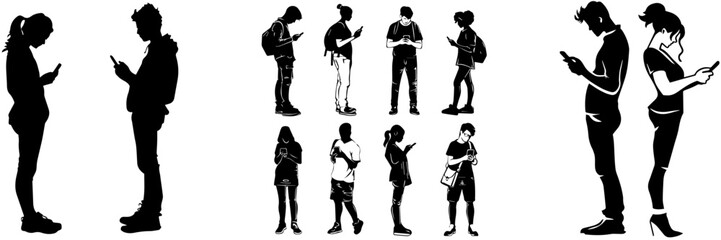 mobile phone,people,girl,boy standing black and white - obrazy, fototapety, plakaty