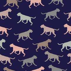 Running and jumping german boxer isolated on a dark blue background. Seamless pattern. Endless texture. Design for wallpaper, fabric, print. Vector illustration.
