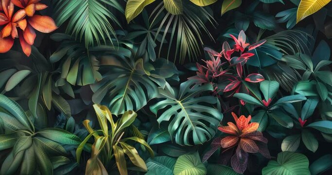 lush tropical foliage with vibrant green and red leaves in a dense botanical pattern, dezoom rotation concept creative visual