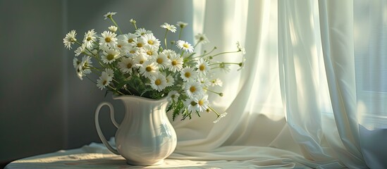 A bright white vase filled with fresh oxeye daisies is placed on a table in a room, adding a touch of elegance and freshness to the space. - obrazy, fototapety, plakaty