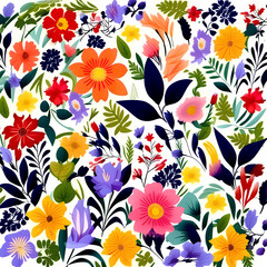 Seamless pattern with colorful flowers and leaves. Vector illustration.