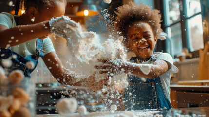Two children gleefully throw flour in the air while baking in the kitchen, with excitement and joy evident in their expressions and movements.