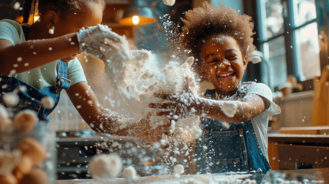 Two children gleefully throw flour in the air while baking in the kitchen, with excitement and joy evident in their expressions and movements. - Powered by Adobe