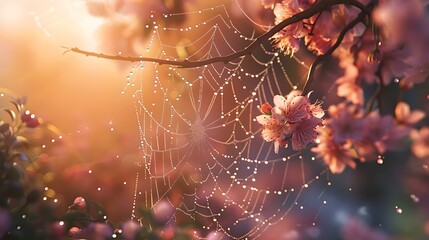 Enchanting morning dew on a spiderweb amongst blossoming branches