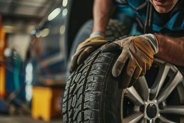 An auto mechanic and changing tires