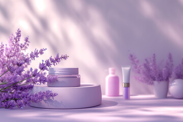 Ñosmetics podium mockup. Packaging of cream, lotion, cosmetic product on a lavender background