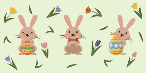 Set of cute Easter bunnies with tulips.
