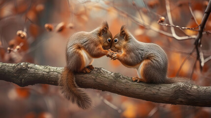 Obraz premium Two squirrels sitting next to each other on a branch 