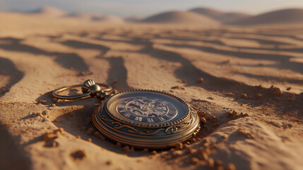 A pocket watch lying in the desert sands. Generative Ai