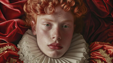 A model-looking guy with red, curly hair in vintage clothes.