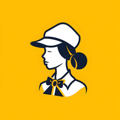 A logo illustration of a trendy woman with cap and bowtie on yellow background.