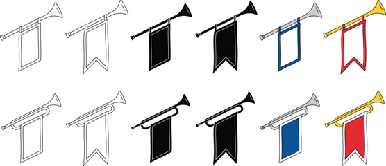 Angled Ceremonial Trumpet with Banner Signage Clipart Set - Outline, Silhouette & Color © ATerra