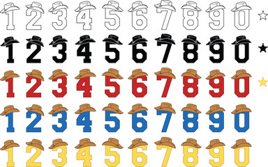Cowboy Hat Number Clipart Set - Outline, Silhouette & Color