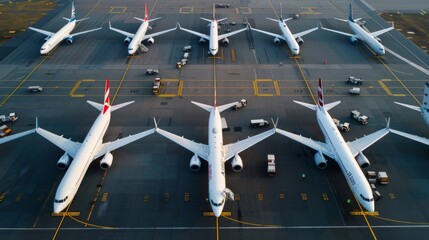Aerial top view from aircraft window with commercial airplanes parking on runway - obrazy, fototapety, plakaty