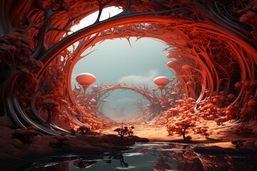 CG artwork of a tunnel with mushrooms and trees under a sky filled with clouds