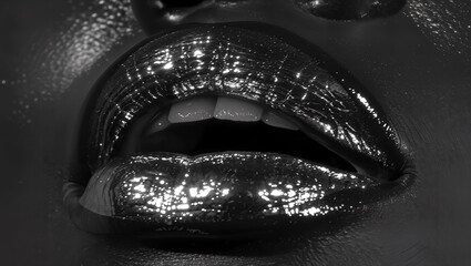 Close-up of glossy lips in black and white, revealing the dichotomy between joy and the melancholy of depression