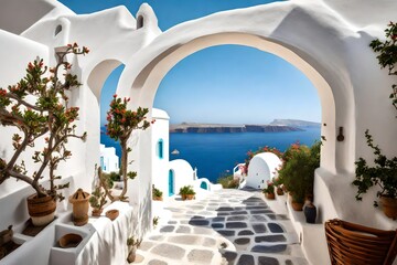 view of arched gate with a view to the sea beach living Santorini island style - obrazy, fototapety, plakaty
