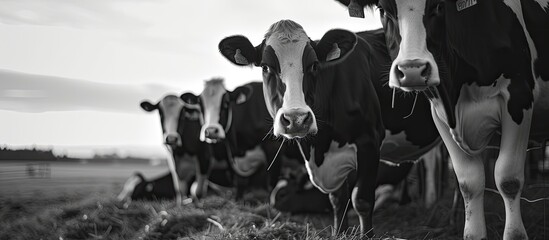 A group of black and white cows are standing on top of a grass-covered field in a large paddock. The cows are eating and looking towards the camera. - obrazy, fototapety, plakaty