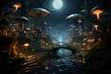 a mushroom village with a bridge over a river at night with a full moon in the background