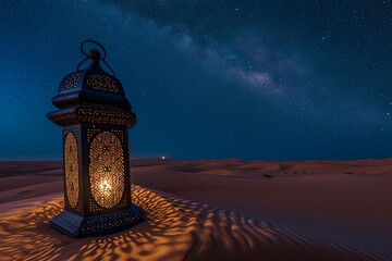 a glowing lantern casts a warm light upon the sands of a vast desert under a star-studded sky