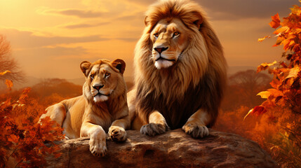 Majestic African lion couple loving pride. - obrazy, fototapety, plakaty