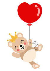 Cute king teddy bear flying with a heart shaped balloon