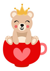 Cute teddy bear with crown on head inside love cup