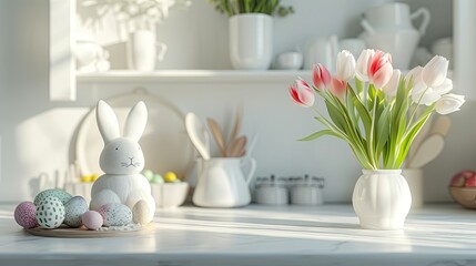 Easter eggs, flowers and rabbit on the table. In a light Scandinavian-style kitchen