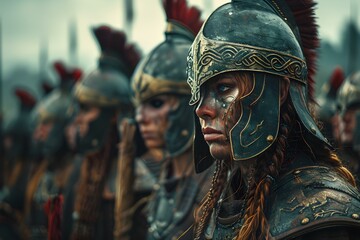 Fierce female warriors in helmets getting ready for battle in ancient times. Concept Ancient Warriors, Female Empowerment, Battle Ready, Historical Helmets, Fierce Women