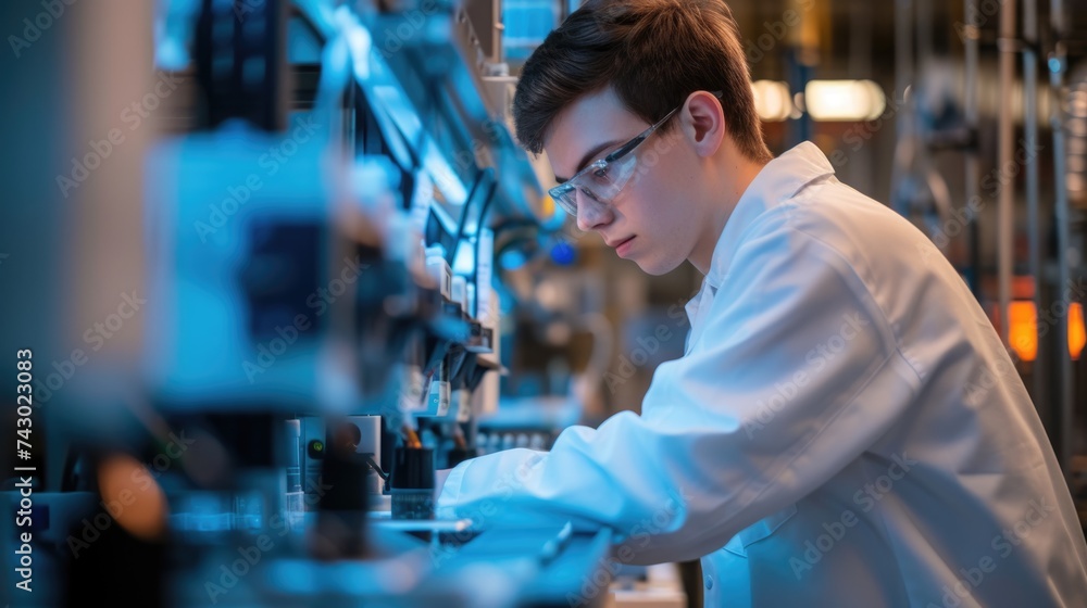 Poster an engineer is conducting experiments in a science lab, wearing a lab coat. aig41