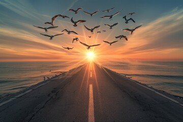 A straight road across the sea towards a sunrise, with the sun illuminating a flock of seabirds in flight. capturing the energy and movement of the birds against the morning sky. - Powered by Adobe