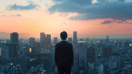 Fototapeta na wymiar A man in a suit stands with his back to the camera, overlooking a vibrant city skyline at dusk.