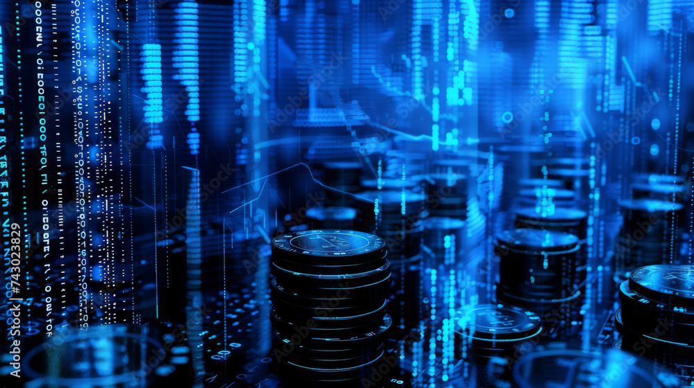 Poster stacks of coins with a backdrop of glowing blue digital graphs and circuitry, symbolizing the inters