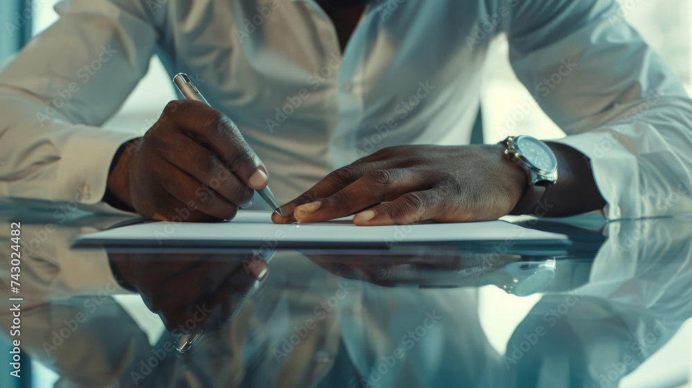 Poster a person is signing a document on a glass table, a close-up shot emphasizing the action of commitmen